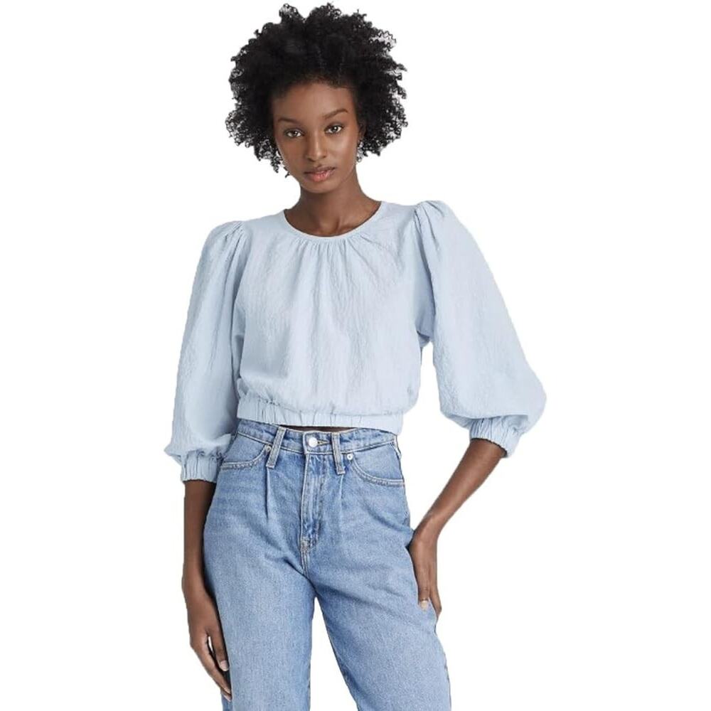 A New Day Women's 3/4 Sleeve Bubble Hem Pastel Pinstripe Top Cottagecore Size M
